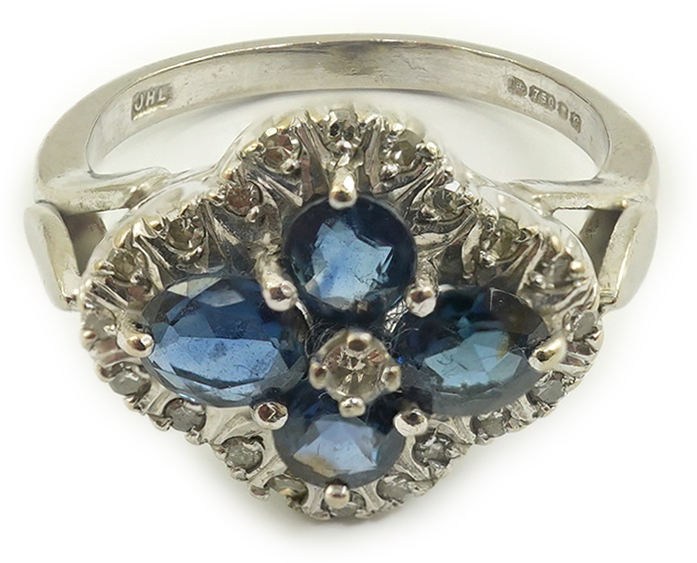 A modern 18ct white gold, sapphire and diamond cluster set ring